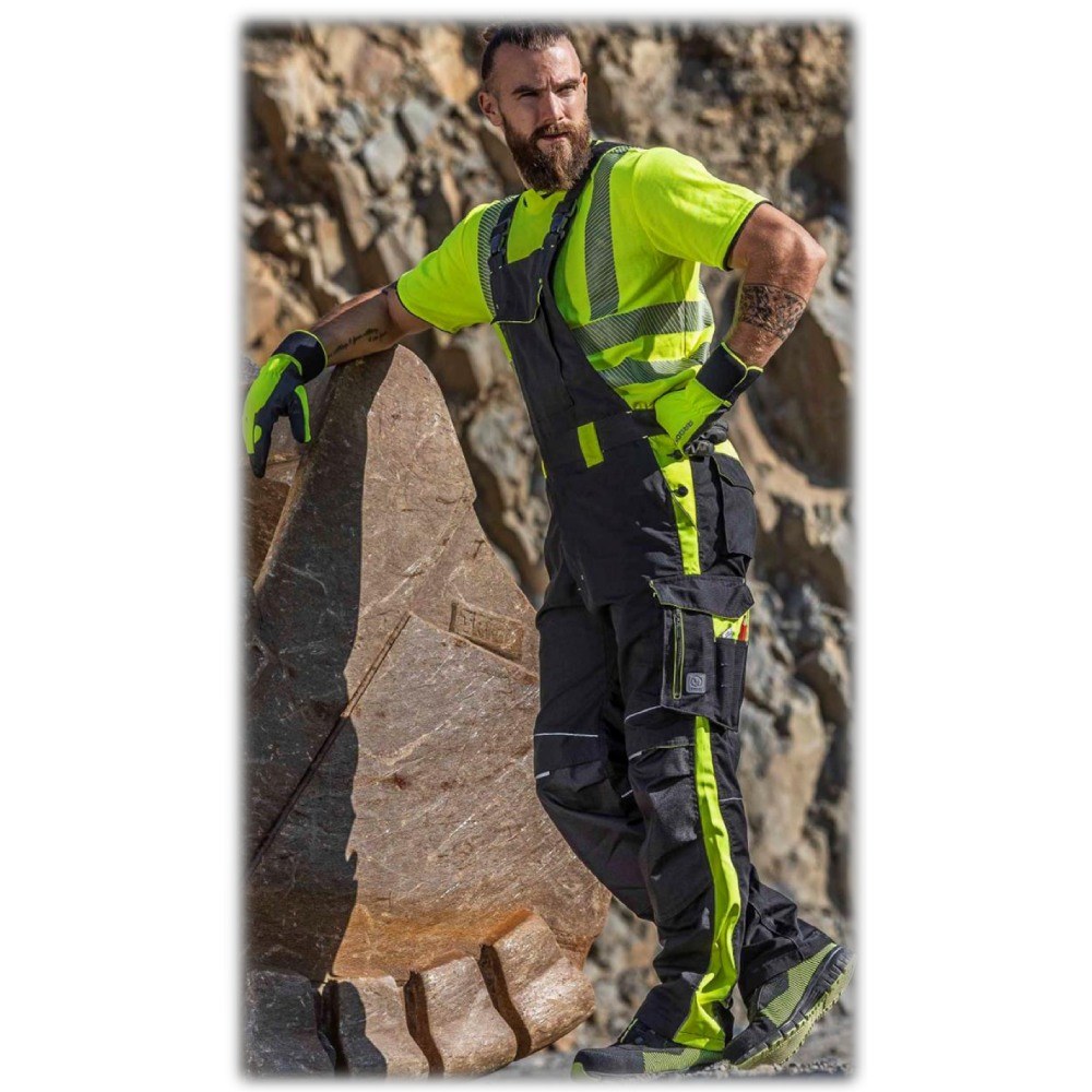 NEON delovne hlače z naramnicami, črna/fluo rumena, siva/fluo rdeča