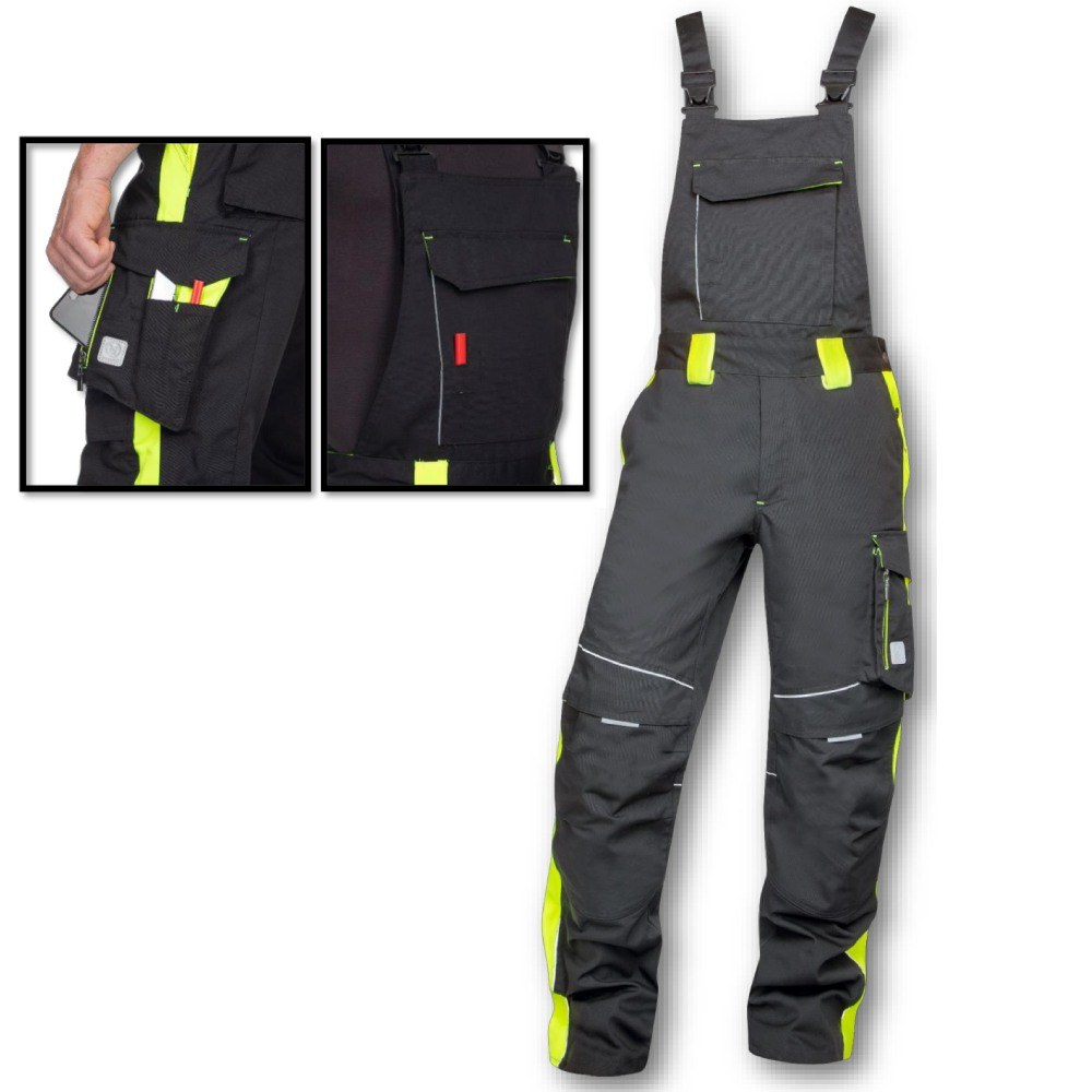 NEON delovne hlače z naramnicami, črna/fluo rumena, siva/fluo rdeča 2